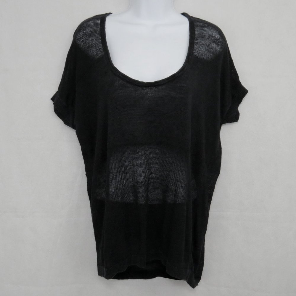 Alice + Olivia Black Linen Open Knit Short Sleeve Sweater Tunic Women's Medium